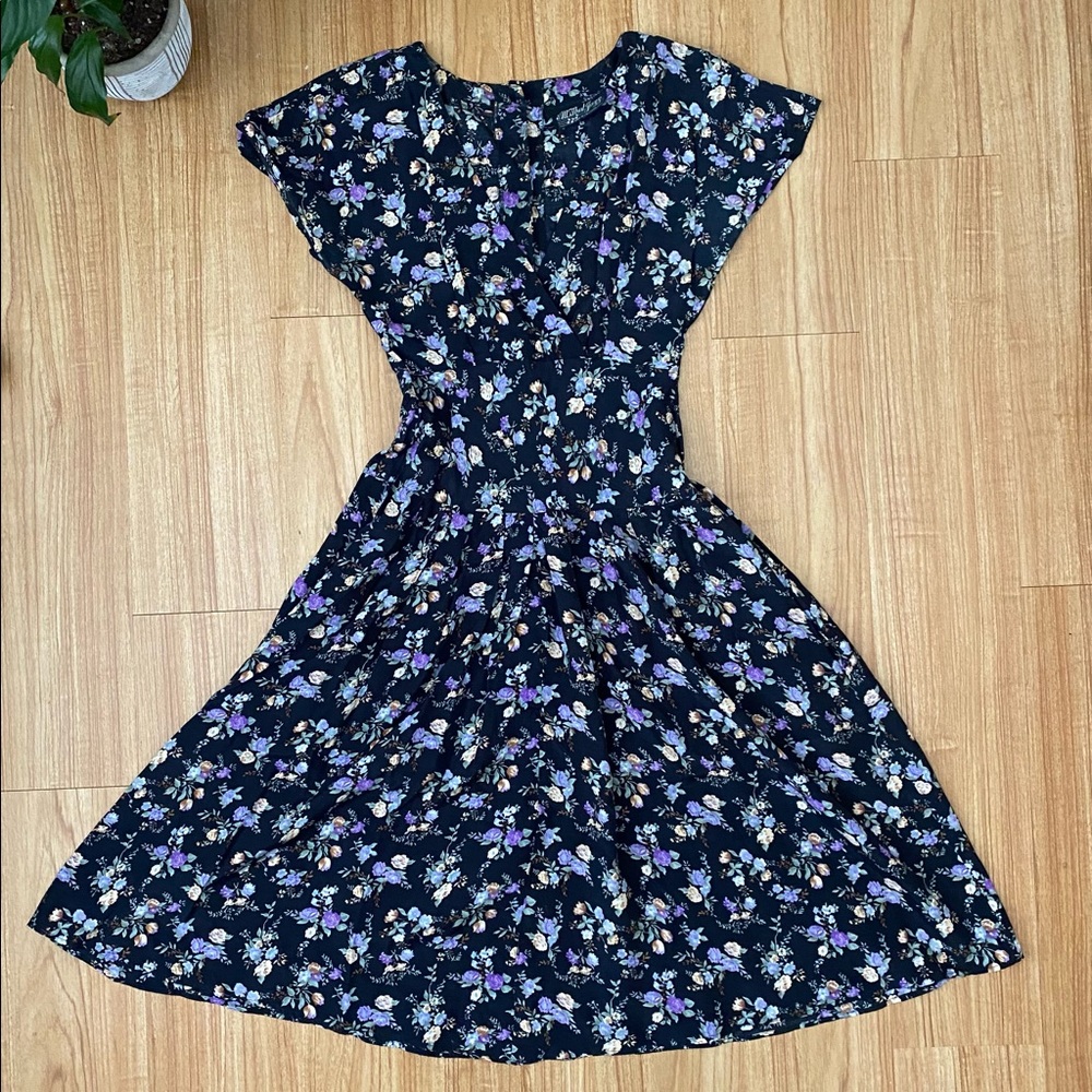 80s Vintage Floral Fit & Flare Pocket Dress